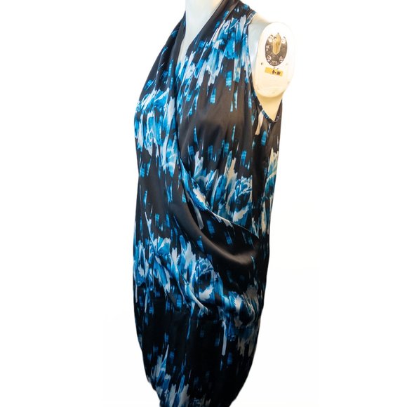 Derek Lam Size Medium Dress Black Blue Surplice Bubble Hem Pockets Faux Wrap - Picture 4 of 12